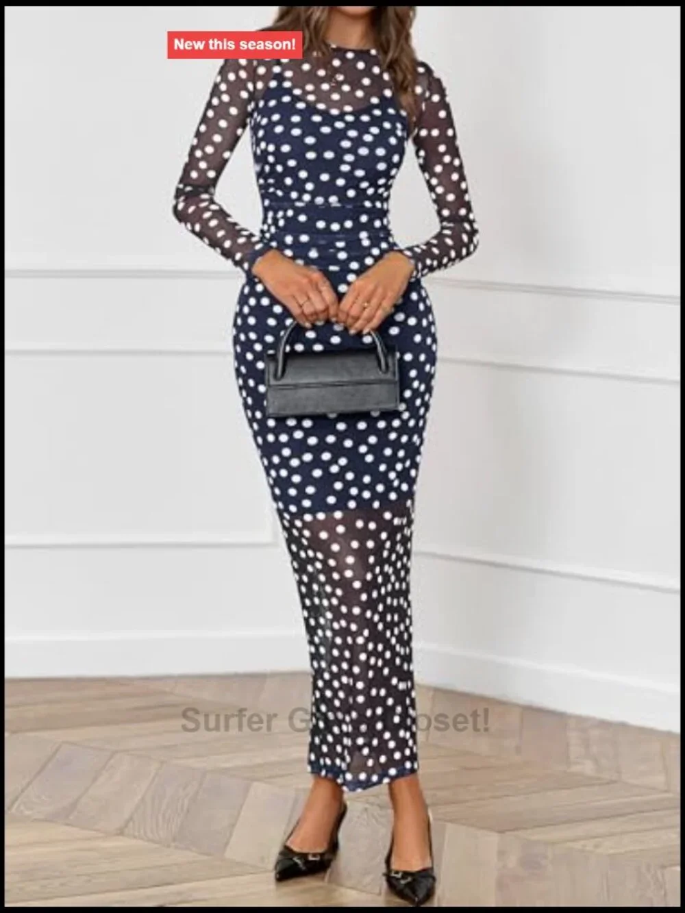 Polka Dot 2 Piece Set Long Sleeve Mesh Bodycon Dress with Slip Dress Party